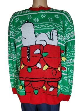 Peanuts Snoopy Ugly Christmas Sweater Holiday Dog House Lights Green Red 2XL